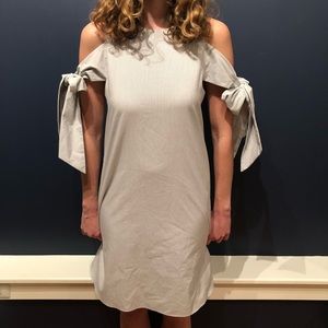 White and Blue Striped Dress with Bow Sleeves